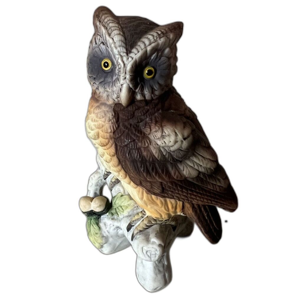 Vintage Lefton Hand Painted Bisque Porcelain Perched Owl Figurine Model KW121